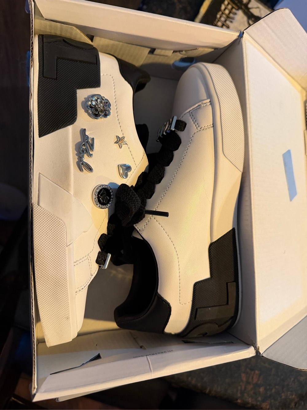 Karl Lagerfeld Kids White Sneakers with Black Accents & Logo Charm
